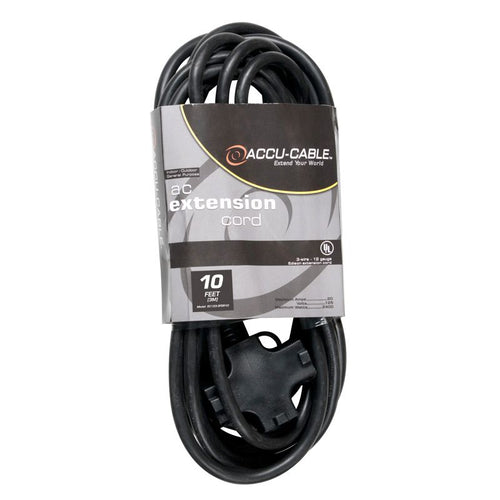 Accu-Cable 10' Power Extension Cord W/ Tri Tap (12 Guage)