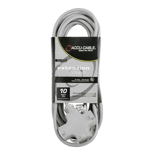 Accu-Cable Gray 10' Power Extension Cord W/ Tri Tap (16 Guage)