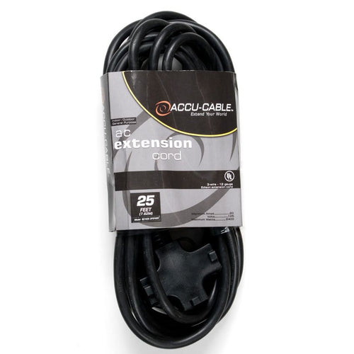 Accu-Cable 25' Power Extension Cord W/ Tri Tap (12 Guage)