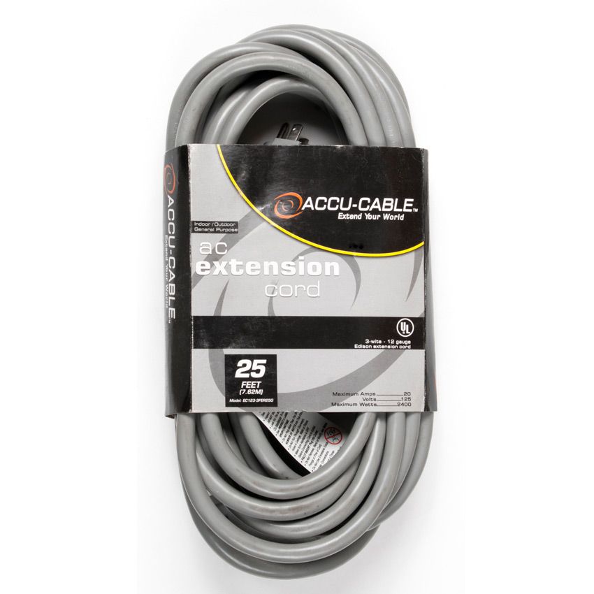 Accu-Cable Gray 25' Power Extension Cord W/ Tri Tap (16 Guage)