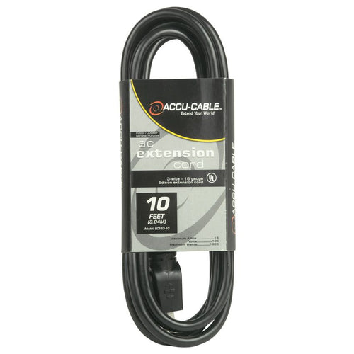 Accu-Cable 10' Power Extension Cord W/ Tri Tap (16 Guage)